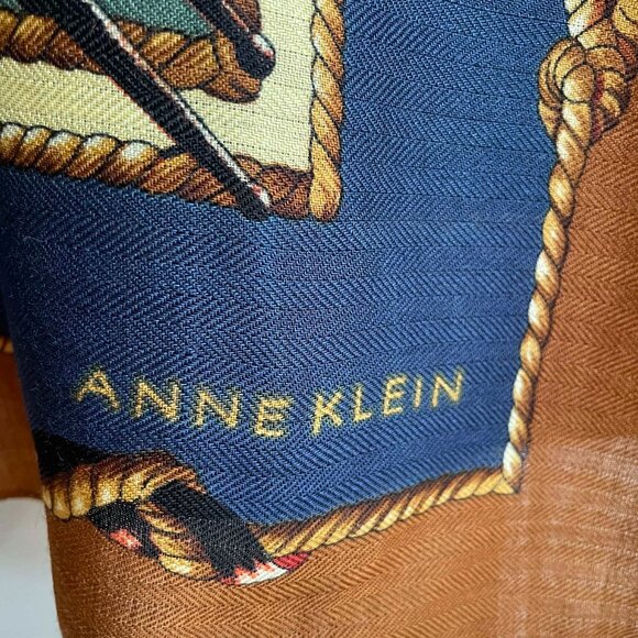 ANNE KLEIN wonderful 100% square scarf.Nautical print, brown, navy blue, green - Picture 6 of 9